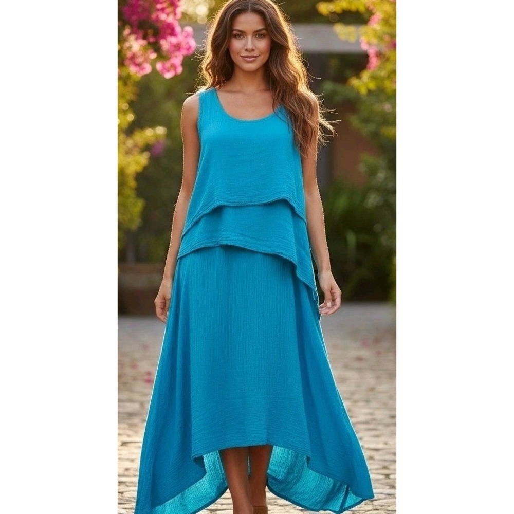 Y2K Cecilia Nathal Tank Dress Tiered Cotton Sleeveless Size M Blue Lagenlook